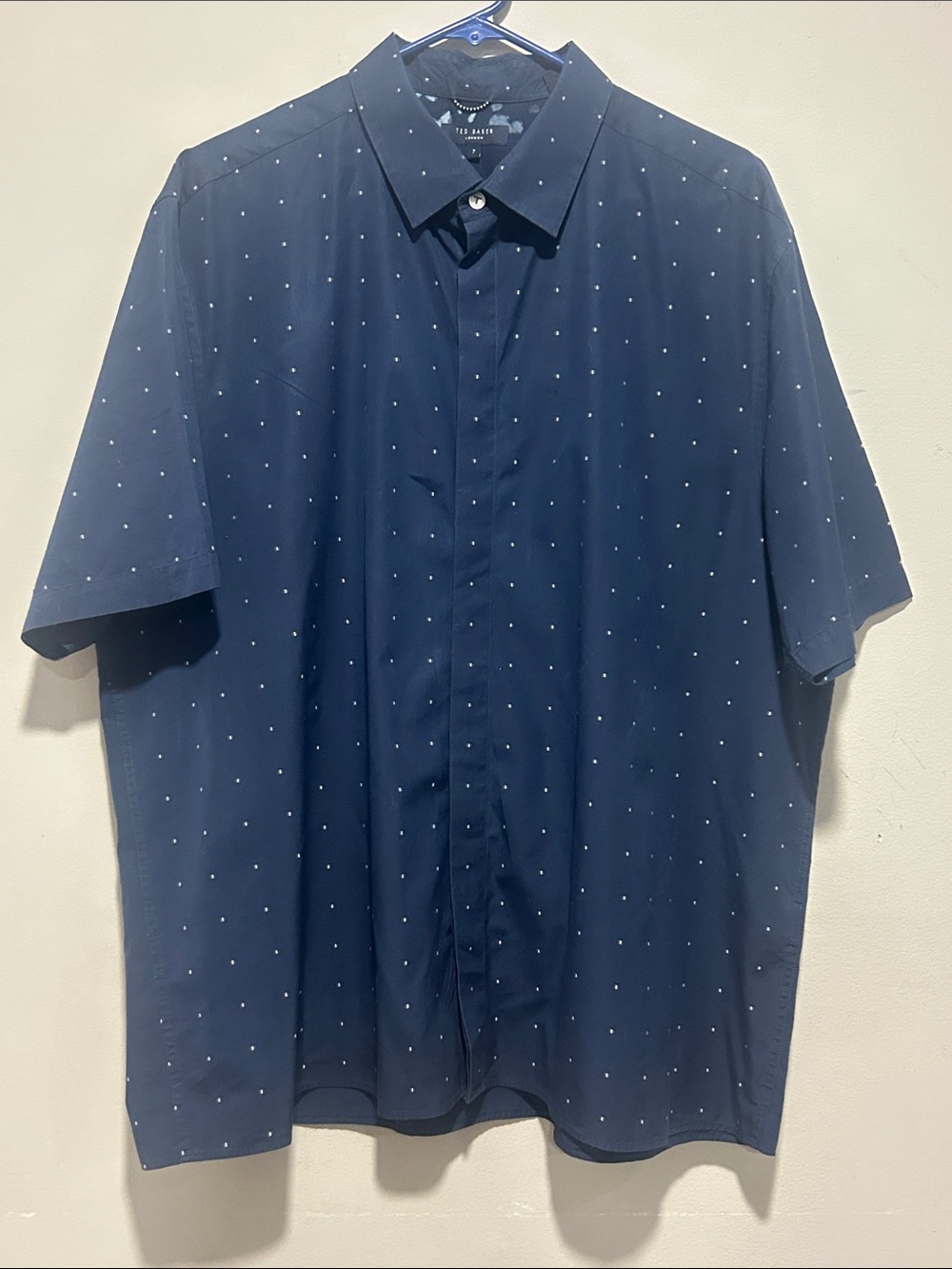 Ted Baker Navy Short-Sleeve Shirt with White Micro Dots